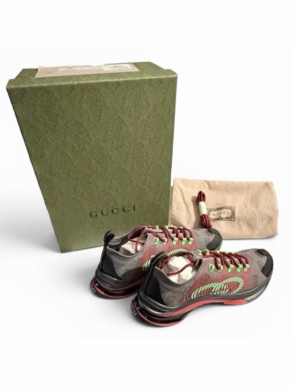 Gucci Ultrapace GG Monogram Canvas Low-Top Sneakers Grey Web Stripe Size 12 DS